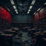 Flick International Dimly lit university library interior with overturned tables and scattered books during finals week