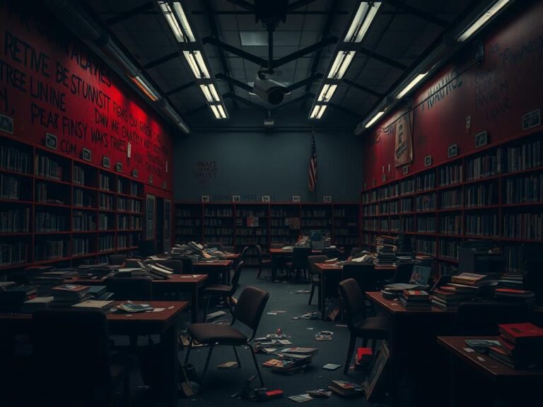 Flick International Dimly lit university library interior with overturned tables and scattered books during finals week