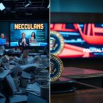 Flick International A split-screen view contrasting a chaotic newsroom with a presidential seal on a serene desk