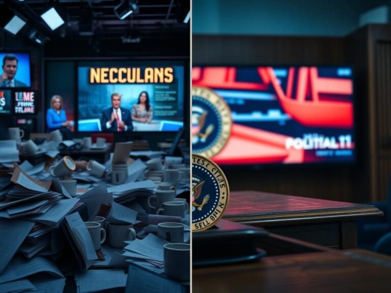Flick International A split-screen view contrasting a chaotic newsroom with a presidential seal on a serene desk