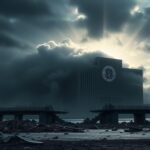 Flick International Imposing FEMA building shrouded in dark clouds representing turmoil