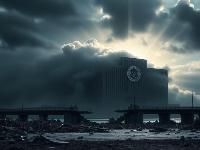 Flick International Imposing FEMA building shrouded in dark clouds representing turmoil