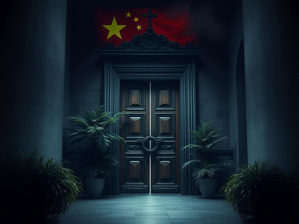 Flick International Dimly lit Vatican courtyard with a large wooden door symbolizing barriers to religious freedom