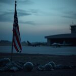 Flick International Empty military base at dusk with a weathered American flag at half-mast