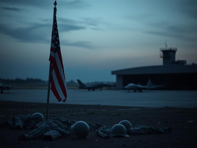 Flick International Empty military base at dusk with a weathered American flag at half-mast