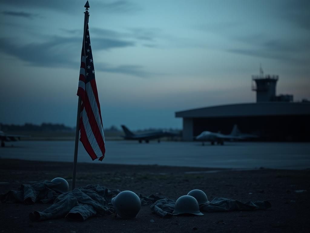 Flick International Empty military base at dusk with a weathered American flag at half-mast
