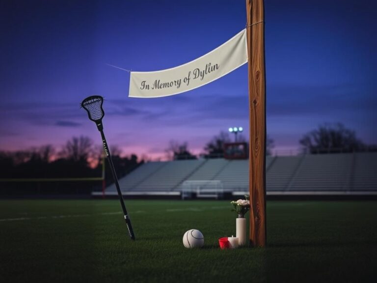 Flick International A lacrosse stick and ball resting against a goalpost on a dusk-lit field memorializing Dylan Veselic