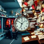 Flick International A split-image of a football locker room and a chaotic desk, signifying contrasting environments related to Bill Belichick and Jordon Hudson