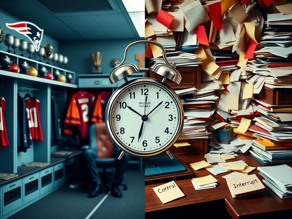 Flick International A split-image of a football locker room and a chaotic desk, signifying contrasting environments related to Bill Belichick and Jordon Hudson