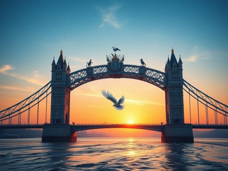 Flick International A majestic bridge adorned with cultural symbols, representing global connectivity and unity