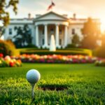 Flick International Vibrant exterior of the White House with a golf tee symbolizing Tiger Woods' influence