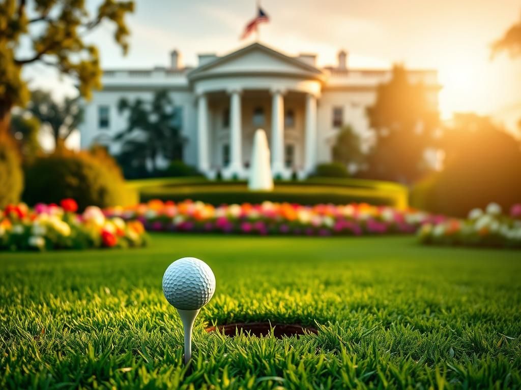 Flick International Vibrant exterior of the White House with a golf tee symbolizing Tiger Woods' influence