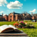 Flick International Serene spring scene at Tufts University with historic buildings and an open book on a bench