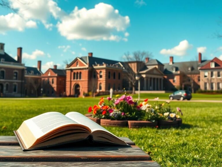 Flick International Serene spring scene at Tufts University with historic buildings and an open book on a bench