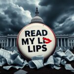Flick International A stylized depiction of a political landscape with a 'Read My Lips' button and dark storm clouds