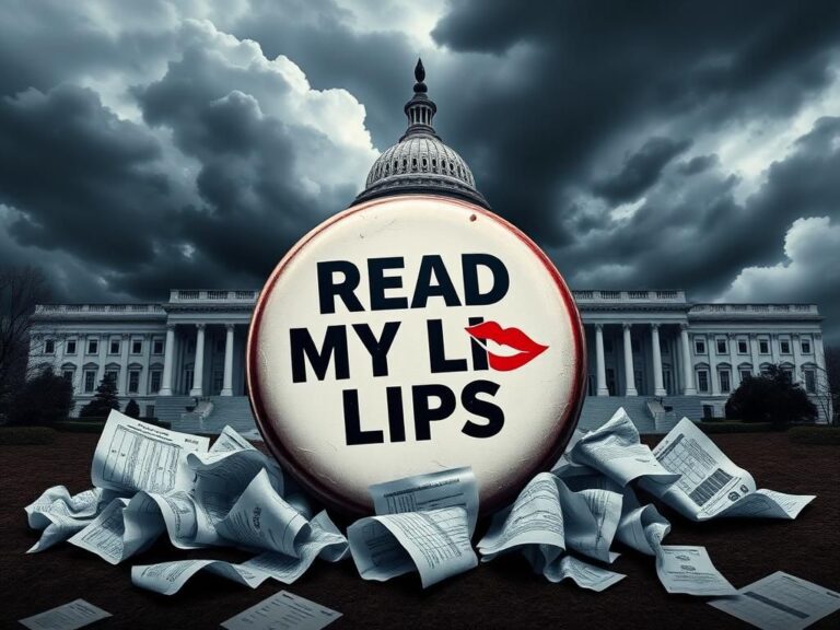 Flick International A stylized depiction of a political landscape with a 'Read My Lips' button and dark storm clouds