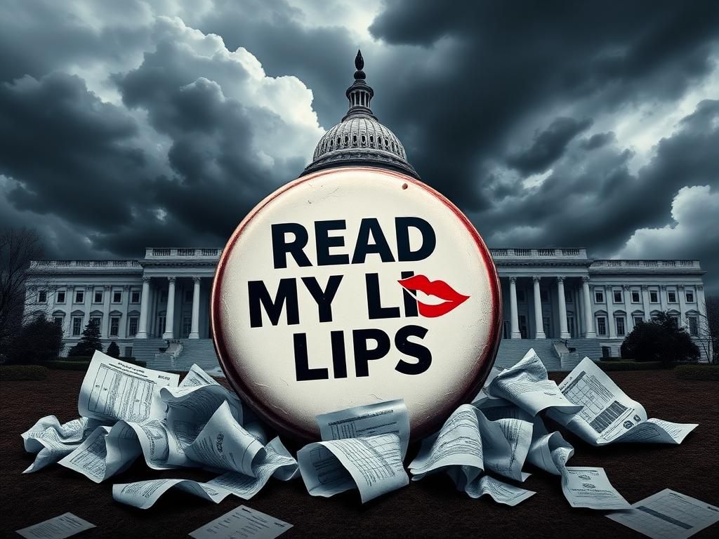 Flick International A stylized depiction of a political landscape with a 'Read My Lips' button and dark storm clouds