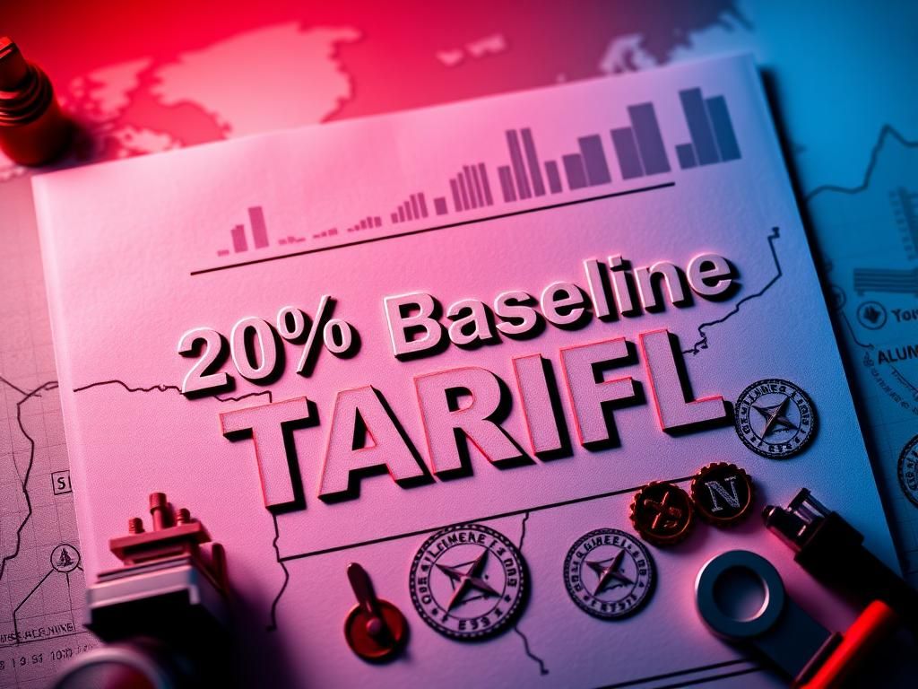 Flick International Close-up of a modern tariff document with '10% Baseline Tariff' text and trade symbols