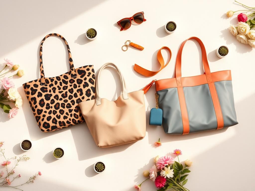Flick International A vibrant flat lay of trendy tote bags including a leopard print tote, faux suede hobo bag, and colorful beach tote arranged with spring flowers and accessories