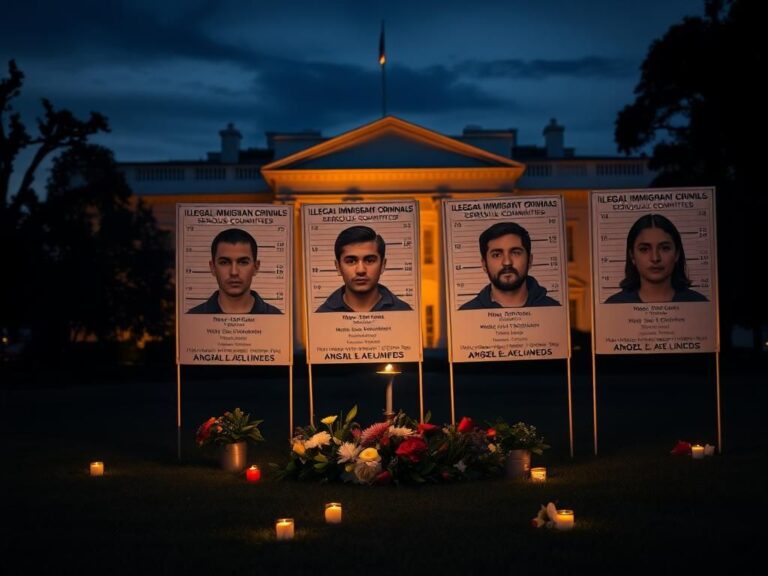 Flick International A somber scene at the White House lawn with posters of illegal immigrant criminals
