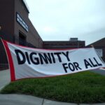 Flick International Exterior view of the Delaney Hall ICE detention facility in Newark, New Jersey with a protest banner