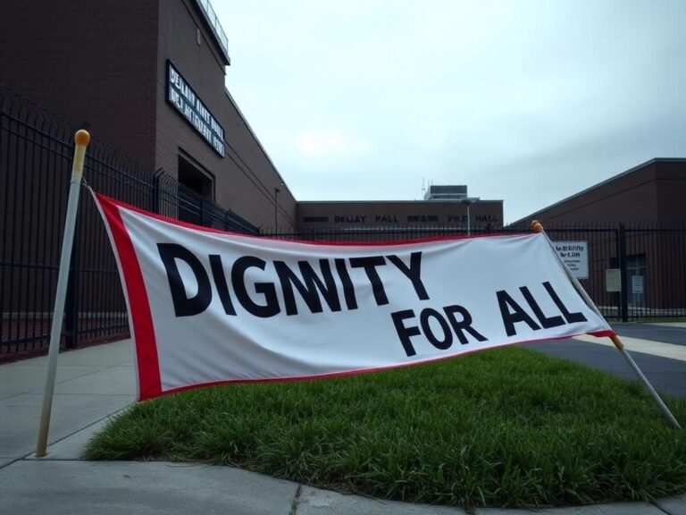 Flick International Exterior view of the Delaney Hall ICE detention facility in Newark, New Jersey with a protest banner