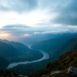 Flick International Dramatic panoramic view of the Kashmir region showcasing rugged mountains and a serene river amidst ominous clouds
