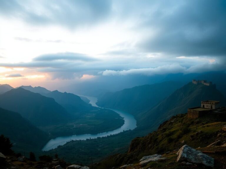Flick International Dramatic panoramic view of the Kashmir region showcasing rugged mountains and a serene river amidst ominous clouds
