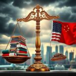 Flick International Ornate scale symbolizing the weight of tariffs in international trade with Chinese and American goods