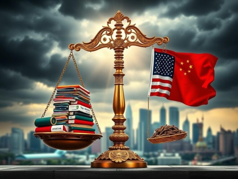 Flick International Ornate scale symbolizing the weight of tariffs in international trade with Chinese and American goods