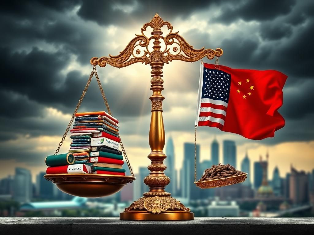 Flick International Ornate scale symbolizing the weight of tariffs in international trade with Chinese and American goods