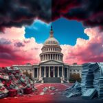 Flick International Dramatic depiction of a crumbling Capitol building symbolizing GOP internal conflict over tax hikes
