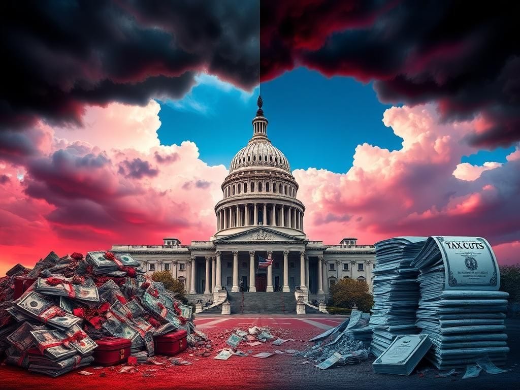 Flick International Dramatic depiction of a crumbling Capitol building symbolizing GOP internal conflict over tax hikes