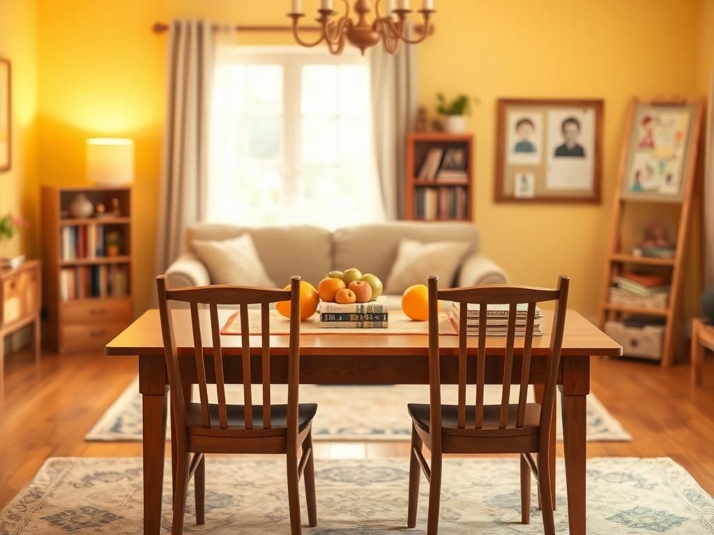 Flick International Cozy family dining table set with empty chairs, symbolizing parent-child bond