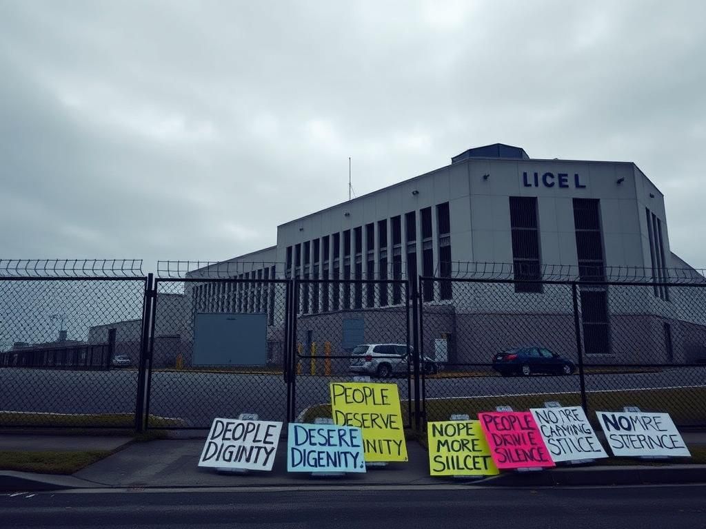 Flick International Exterior view of the ICE detention facility in Newark, New Jersey under a gray sky