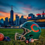 Flick International Teal and white Chicago Bears football helmet on grassy patch with Chicago skyline at twilight
