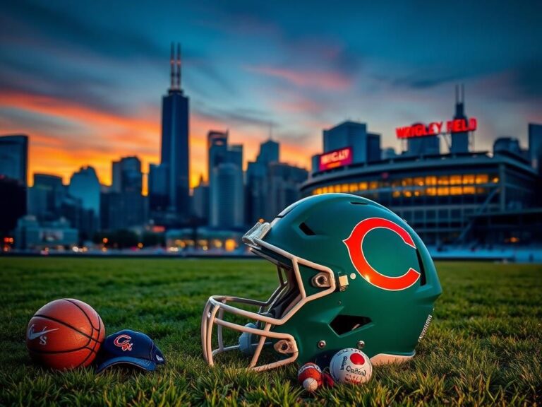 Flick International Teal and white Chicago Bears football helmet on grassy patch with Chicago skyline at twilight
