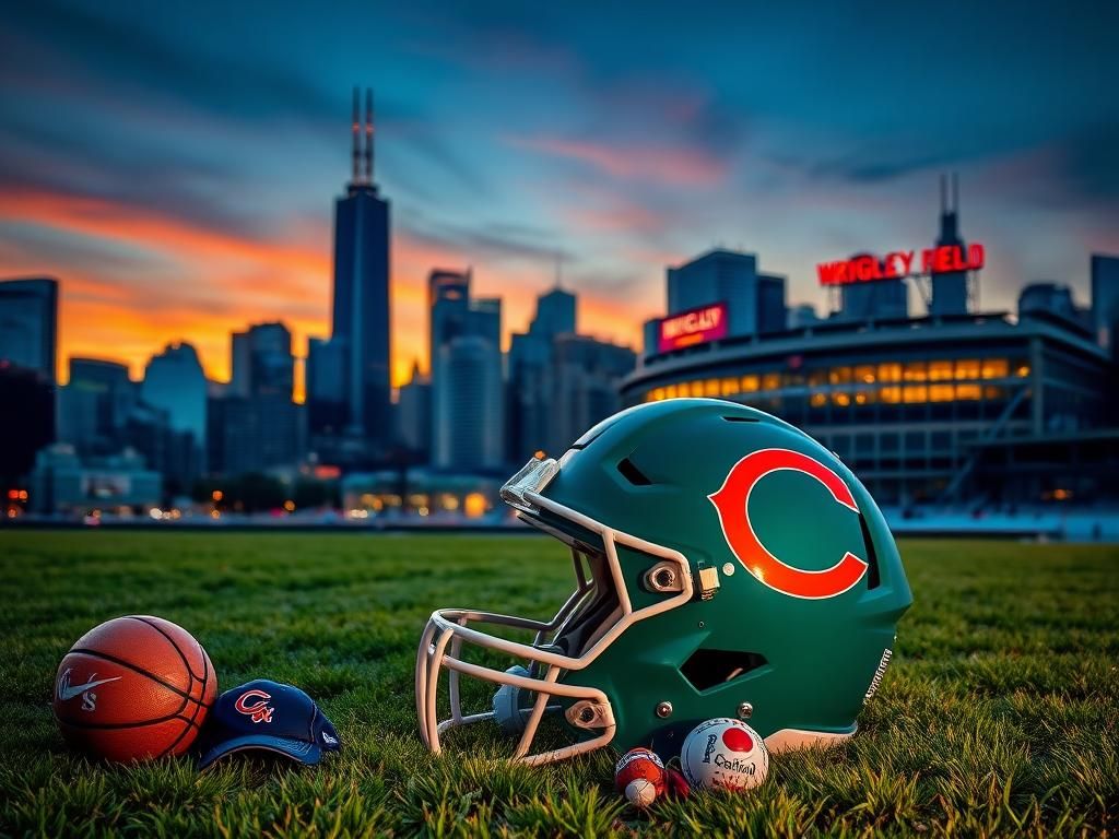 Flick International Teal and white Chicago Bears football helmet on grassy patch with Chicago skyline at twilight