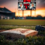 Flick International Close-up of a baseball field with first base bag, showcasing signs of recent play and evening sky