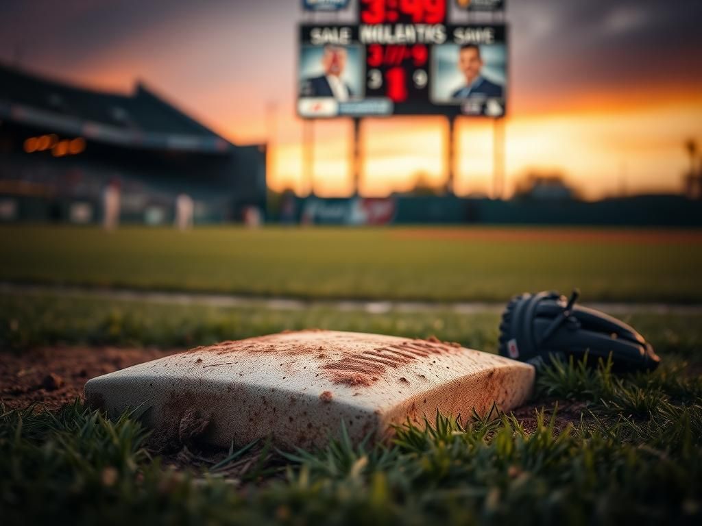 Flick International Close-up of a baseball field with first base bag, showcasing signs of recent play and evening sky
