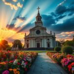 Flick International Serene landscape featuring a grand Roman Catholic church at sunset with a vibrant blooming garden in the foreground