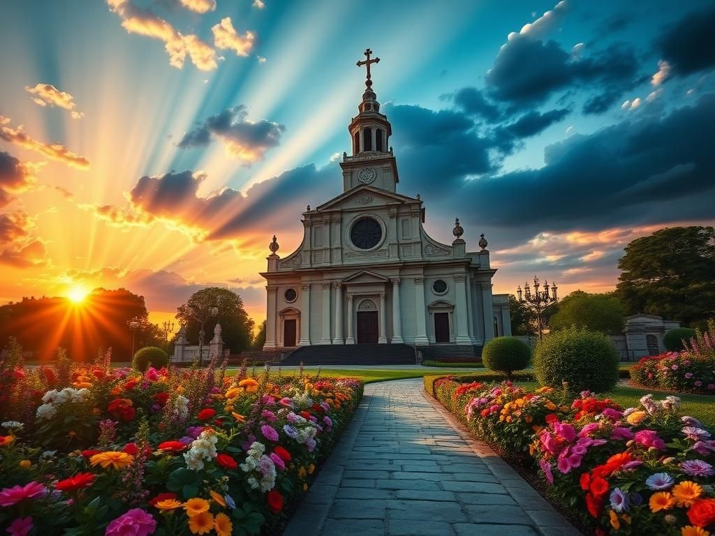 Flick International Serene landscape featuring a grand Roman Catholic church at sunset with a vibrant blooming garden in the foreground