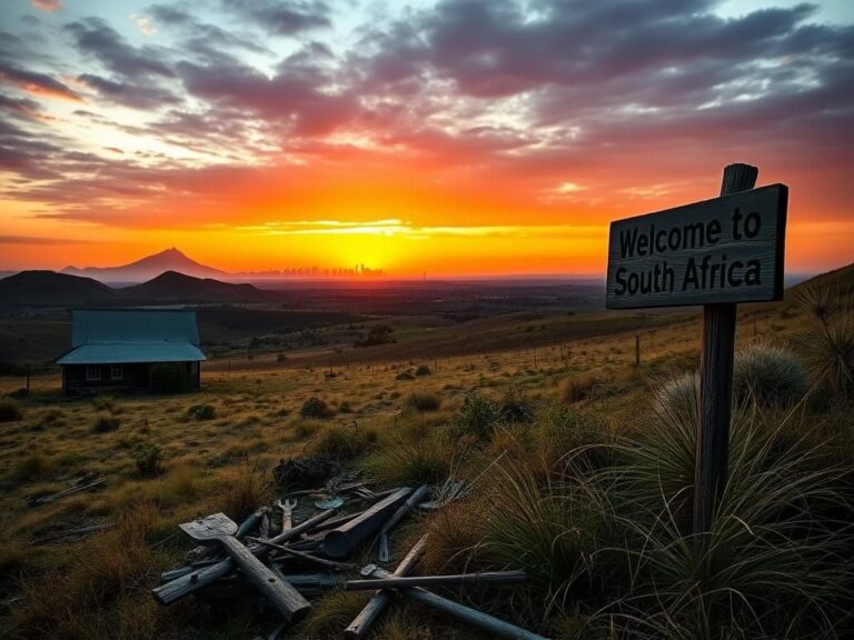 Flick International Dramatic landscape of South Africa with agricultural land and dilapidated farm buildings