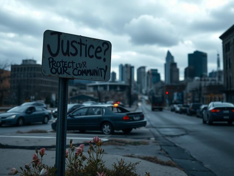 Flick International A somber urban scene in Minneapolis with abandoned vehicles and a graffiti-covered street sign.