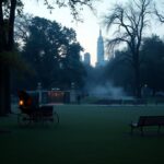 Flick International A serene scene in Central Park showcasing a rustic horse-drawn carriage and lush surroundings at dusk