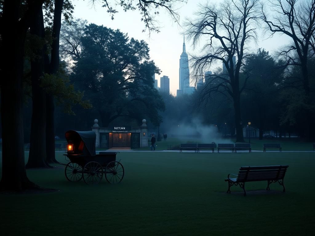 Flick International A serene scene in Central Park showcasing a rustic horse-drawn carriage and lush surroundings at dusk