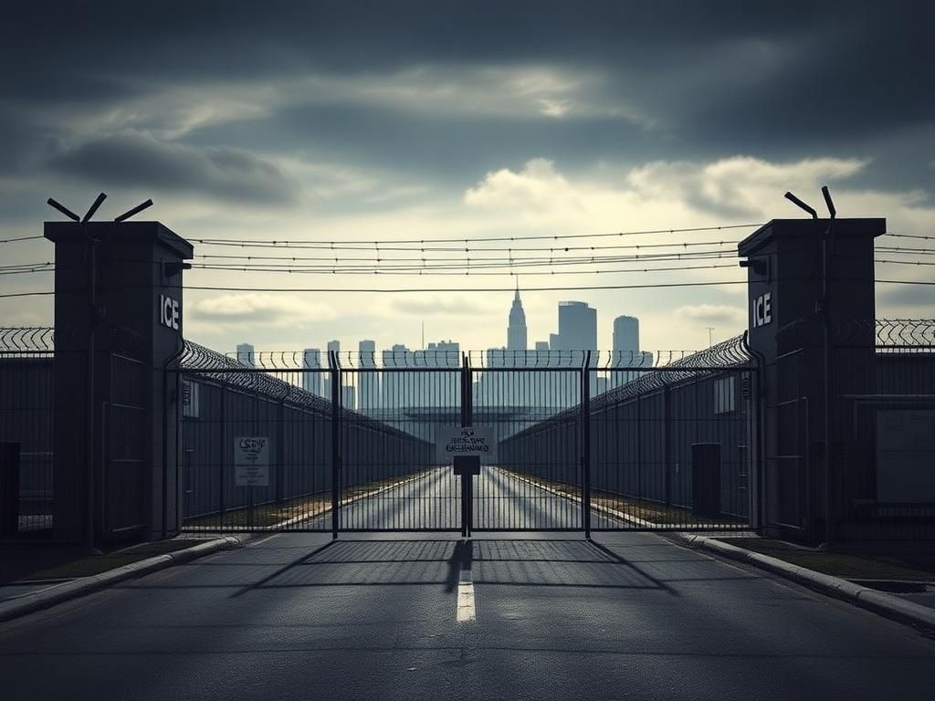 Flick International A stark image of the Delaney Hall ICE detention center framed by barbed wire