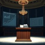 Flick International Grand empty government chamber with luxurious decor and economic graphs