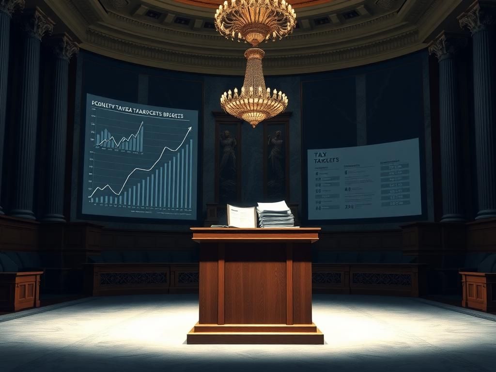 Flick International Grand empty government chamber with luxurious decor and economic graphs