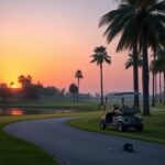 Flick International Abandoned golf cart on a serene golf course at dusk